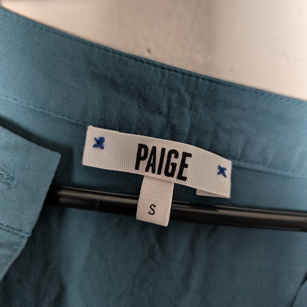 Paige Blouse Button Up Blue Green Double Pockets Sz S Casual Office - Picture 2 of 6